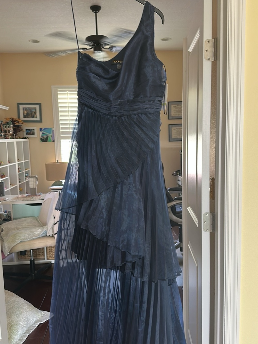Taylor Navy Asymmetric One-Shoulder Pleated Evening Dress